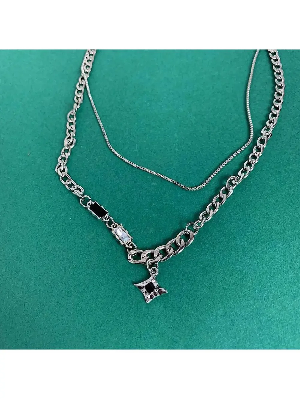 Y2k grunge cyber silver black opal star pendant Cuban link layered chain necklac